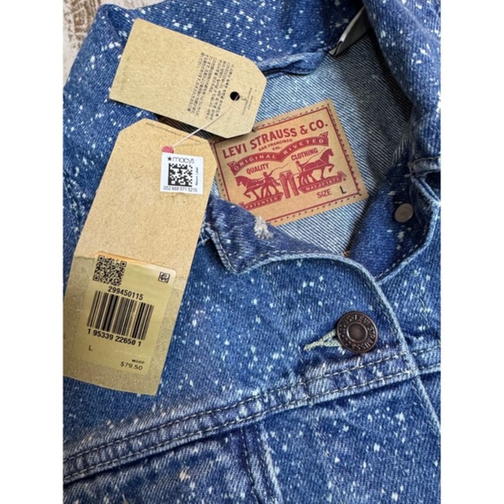 Levi's Trucker Denim Jacket Women's Large Boxy Cropped NWT Speckled‎ Splattered - Picture 3 of 11